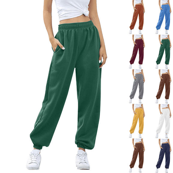 Sweatpants for Women Plus Size Casual Solid Color Stretch Waist Pocket Long Trousers Pants Drawstring Athletic Joggers Green S-3XL