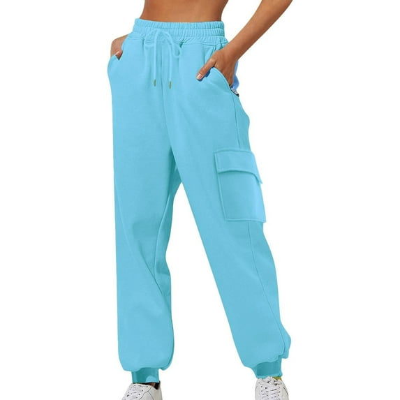 Sweatpants for Women Plus Size Elastic Lace-Up Casual Solid Color High-Waisted Zipper Pocket Tapered Straight Leg Pants Sky Blue S-3XL