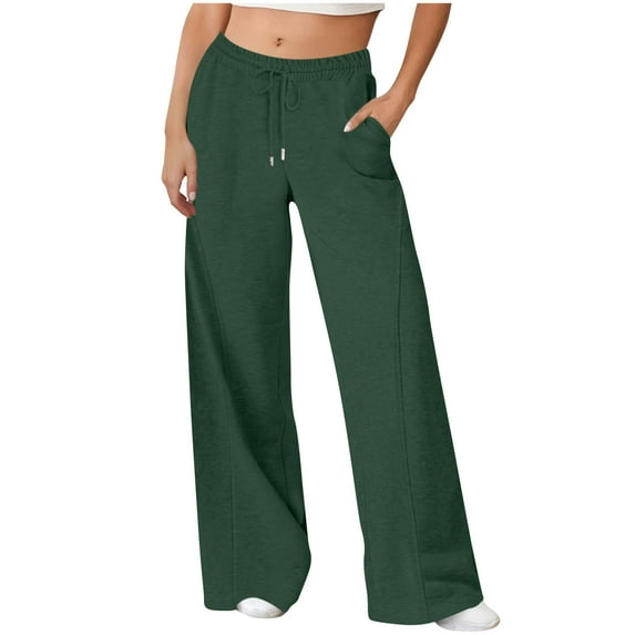 Sweatpants for Women Solid Color Casual Straight Leg Wide Pants Elastic Waist Pants Drawstring Pocket Long Pants