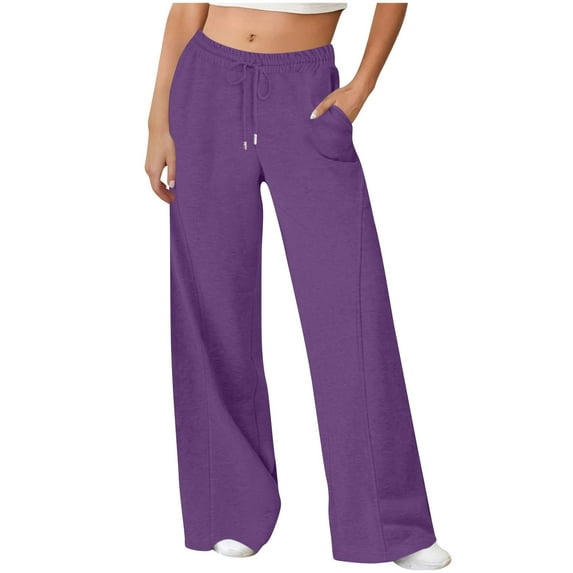 Sweatpants for Women Solid Color Casual Straight Leg Wide Pants Elastic Waist Pants Drawstring Pocket Long Pants