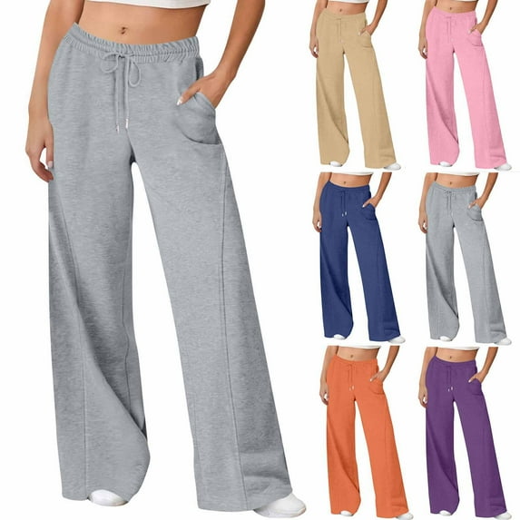 Sweatpants for Women Solid Color Casual Straight Leg Wide Pants Elastic Waist Pants Drawstring Pocket Long Pants