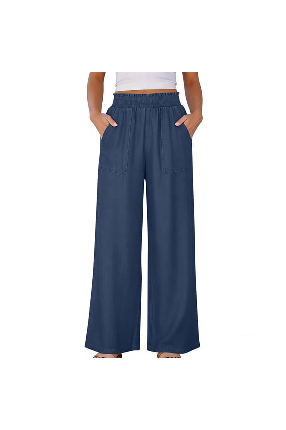 Sweatpants for Women Solid Color Chambray Elastic Waist Trousers With Pockets Fashion Outfits