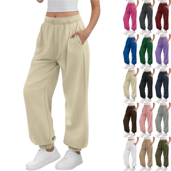 Sweatpants for Women Solid Color Elastic Waist Sports And Leisure Belt Pocket Threaded Ankle Pants Casual Trousers Long Straight Pants