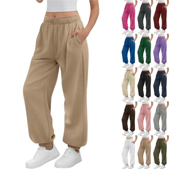 Sweatpants for Women Solid Color Elastic Waist Sports And Leisure Belt Pocket Threaded Ankle Pants Casual Trousers Long Straight Pants
