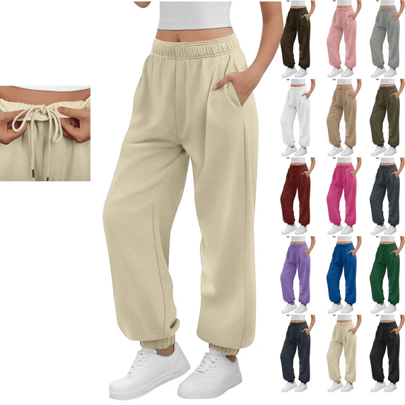 Sweatpants for Women Solid Color Elastic Waist Sports And Leisure Belt Pocket Threaded Ankle Pants Sawvnm Beige XL