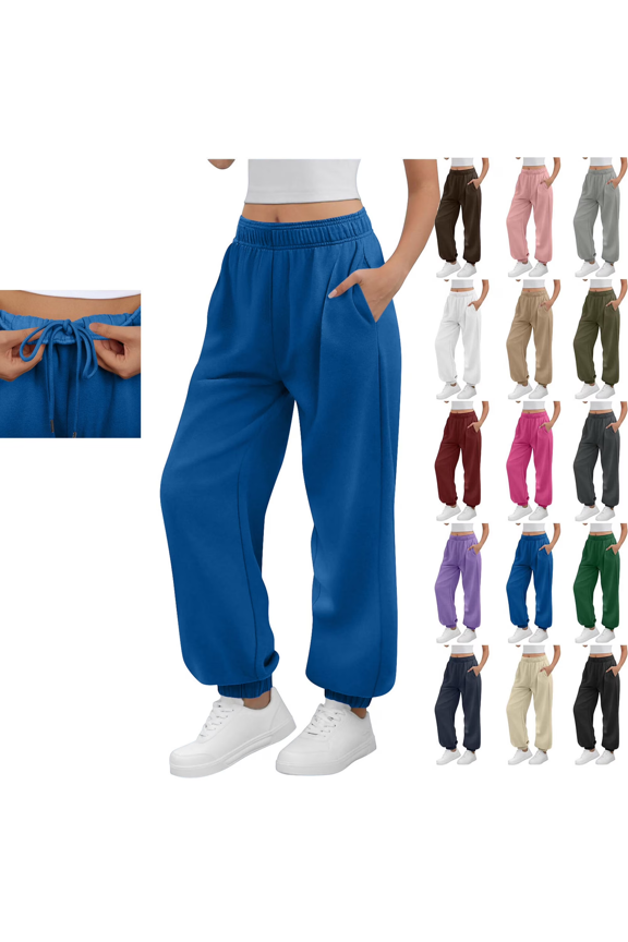Sweatpants for Women Solid Color Elastic Waist Sports And Leisure Belt Pocket Threaded Ankle Pants Sawvnm Blue XL