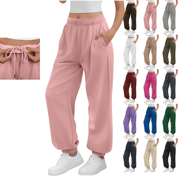 Sweatpants for Women Solid Color Elastic Waist Sports And Leisure Belt Pocket Threaded Ankle Pants Sawvnm Pink L