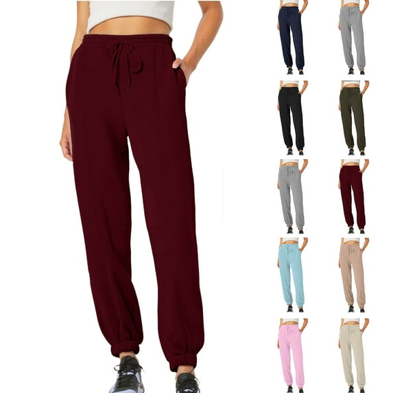 Sweatpants for Women Solid Color Elastic Waist Sports And Leisure Belt Pocket Threaded Ankle Pants