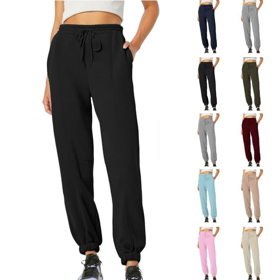 Sweatpants for Women Solid Color Elastic Waist Sports And Leisure Belt Pocket Threaded Ankle Pants
