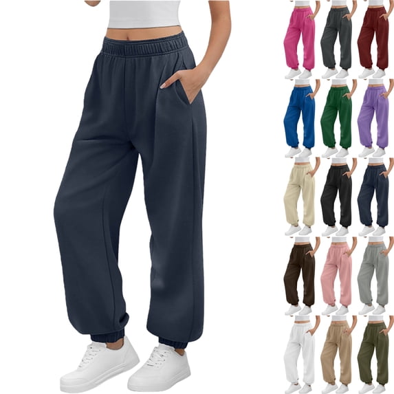 Sweatpants for Women Solid Color Elastic Waist Sports And Leisure Belt Pocket Threaded Ankle Pants