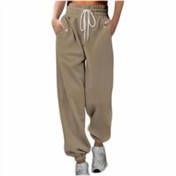 Sweatpants for Women Solid Color High-Waisted Casual Belt Fall Clothing with Pockets 2025 Khaki (S)
