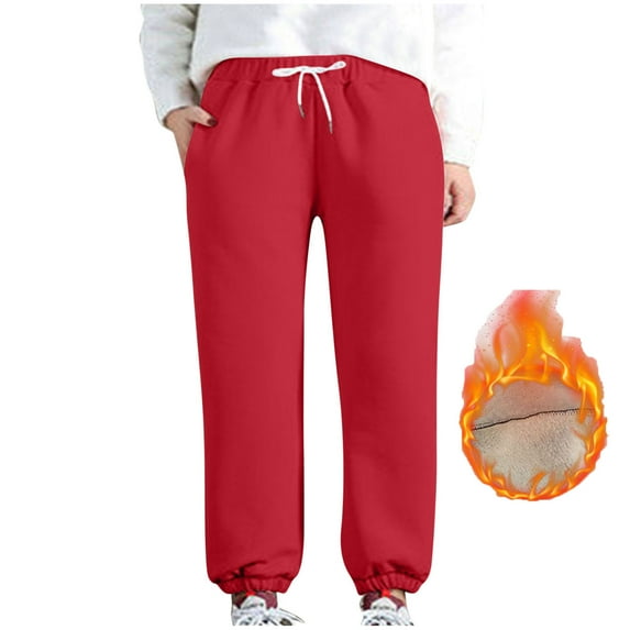 Sweatpants for Women Solid Color Stretchy Drawstring Fleece Lined Joggers with Pockets Lounge Pants for Workout Yoga(Red,L)