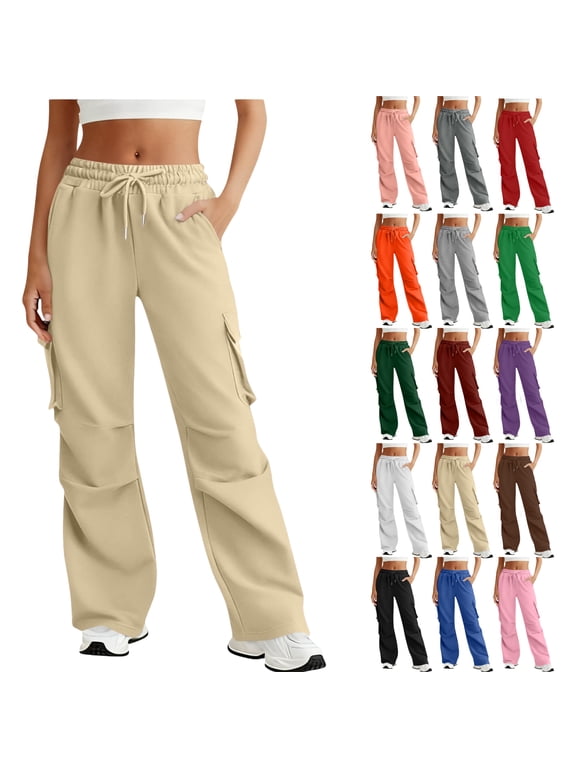 Sweatpants for Women Solid Color Wide Leg Elastic Waist Sports And Leisure Belt Pocket Threaded Ankle Pants Women Sports Pants Trousers
