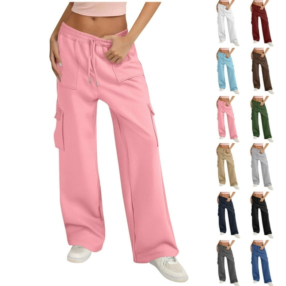 Sweatpants for Women Solid Color Wide Leg Elastic Waist Sports And Leisure Belt Pocket Threaded Ankle Pants Women Sports Pants Trousers