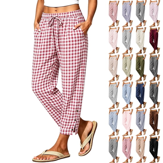 Sweatpants for Women Summer Casual Drawstring Elastic Waist Plaid Pant Loose Wide Leg Button Trousers With Pockets XXXL