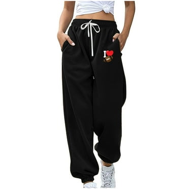 Sweatpants for Women Trendy Print Drawstring Casual Loose Fitting Yoga Sporty Gym Athletic Jogger Pants with Pockets,Black 1,2XL