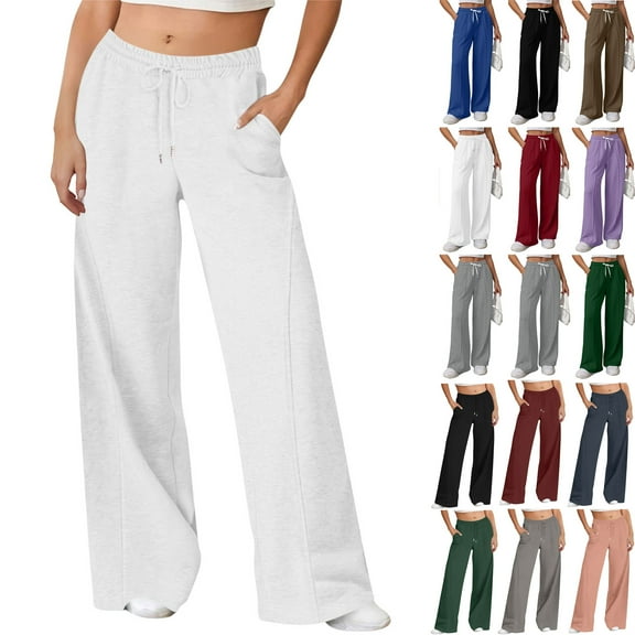 Sweatpants for Women Wide Leg Sweatpants High Waisted Baggy Pants Fashion Teen Girl Drawstring Athletic Joggers with Pockets White,L