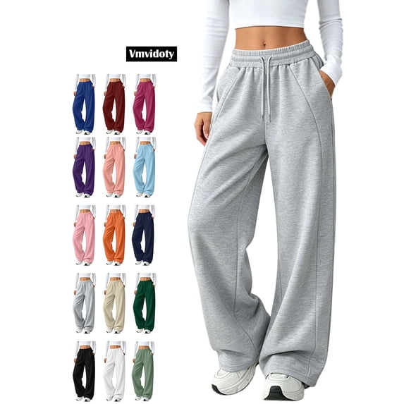 Sweatpants for Women Wide Leg with Pockets High Waisted Drawstring Athletic Solid Color Wide Leg Pants Gray L