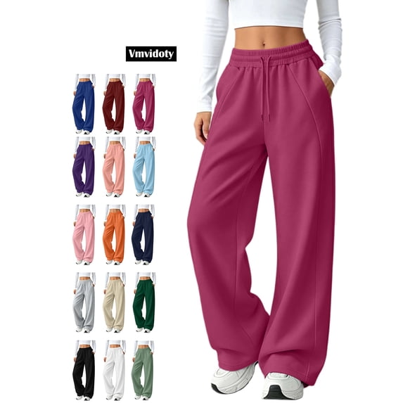 Sweatpants for Women Wide Leg with Pockets High Waisted Drawstring Athletic Solid Color Wide Leg Pants Hot Pink S