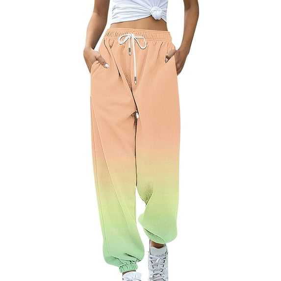 Sweatpants for Women with Pockets Fashion Plus Size Pants Gradient Color/Plaid Print Stretchy Drawstring Trousers(Orange,XL)