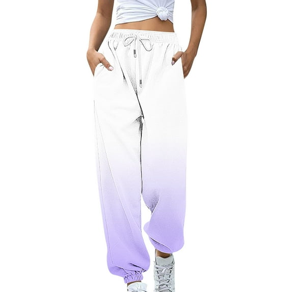Sweatpants for Women with Pockets Fashion Plus Size Pants Gradient Color/Plaid Print Stretchy Drawstring Trousers(Purple,XXL)