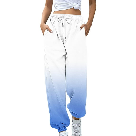 Sweatpants for Women with Pockets Fashion Plus Size Pants Gradient Color/Plaid Print Stretchy Drawstring Trousers(Sky Blue,XL)