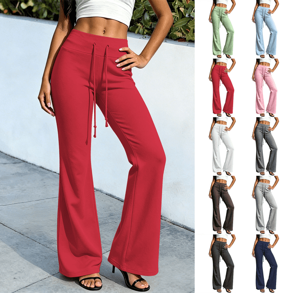 Sweatpants for Womens Flare Leggings Solid High Waist Yoga Pants 4 Way Stretch Casual Pant with Drawstring