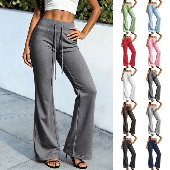 Sweatpants for Womens Flare Leggings Solid High Waist Yoga Pants 4 Way Stretch Casual Pant with Drawstring
