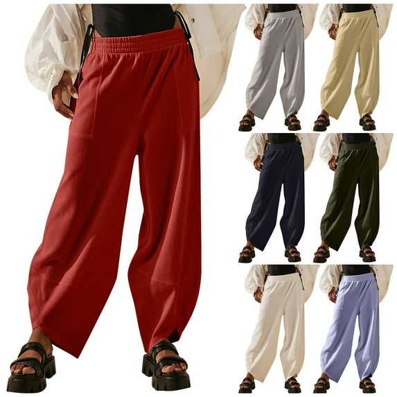 Sweatpants for Womens High Waist Plus Size Casual Solid Color Baggy Wide-Leg Pants Casual Elastic-Waistband Pocket Pants 50% off Clearance!