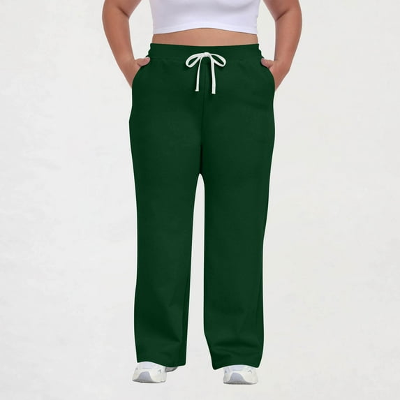 Sweats For Women Wide Leg Sweatpants Woman Women Plus Size Solid Color Elastic Waist Pocket Drawstring Sports Pants Trousers,Green,XXXXL