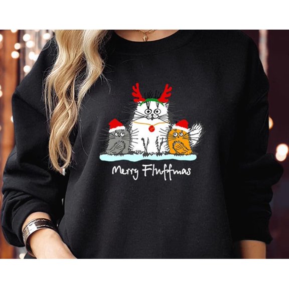 Sweatshirt (5179) Merry Fluffmas Santa Hat Reindeer Sweatshirts - Cute Kitten Cat Mom Catmas Costume Jumper, Sweatshirt Size S-5Xl