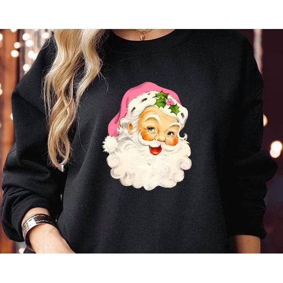 Sweatshirt (5260) Pink Santa Claus Smiling Retro Face Sweatshirts, Santa Hat Vintage Family Costume, Jumper, Sweatshirt Size S-5Xl