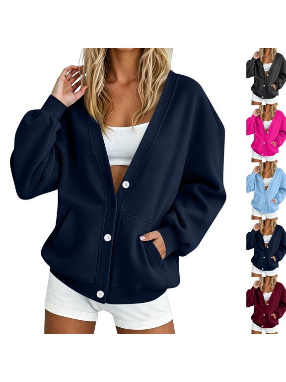 Sweatshirt Cardigan Women Button Down V-Neck Oversized Open Front Jacket Button Front Cardigan Sweaters with Pockets, Oversized Lightweight Loose Fit, Casual Athleisure Outerwear Navy 2XL