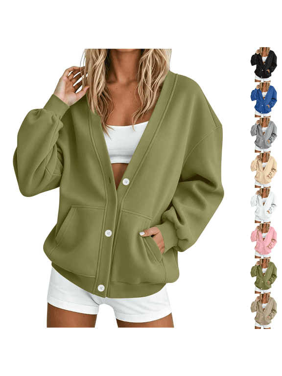 Sweatshirt Cardigan Womens Lightweight Fleece Button Down V Neck Open Front Oversized Drop Shoulder Home Lounge