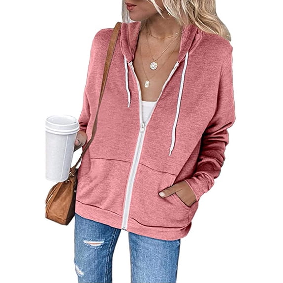 Sweatshirt Coats for Women Womens Hoodie Sweatshirts Coats Plus Size Casual Solid Drawstring Hooded Coats Fall Winter Lightweight Front Zipper Long Sleeve Pocket Jackets