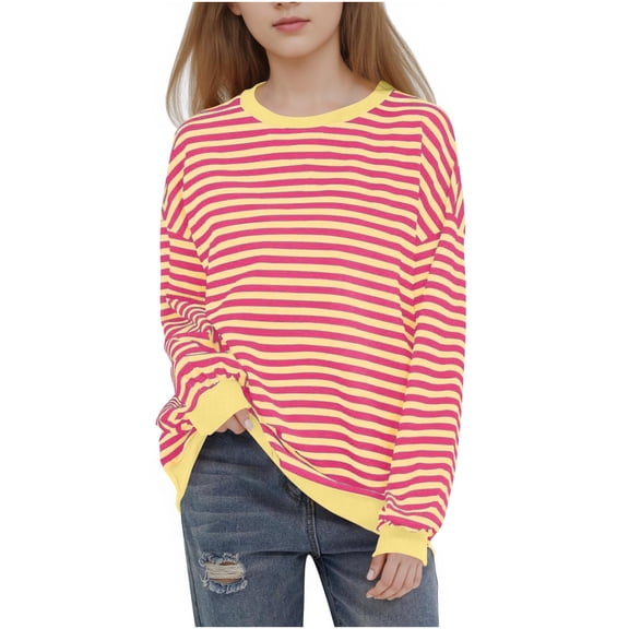 Sweatshirt Dress Girl Hoodies Child Long Sleeve Shirts Boys Girls Striped Crewneck Sweatshirt Kids Oversized Pullover Blouse Tops Tunics for Girl Yellow 5-6Y