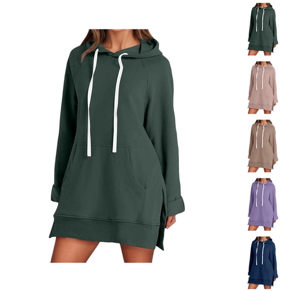 Sweatshirt Dress Women 2026 Fall Winter Casual Long Sleeve Side Split Hem Hoodie Dress with Pockets Pullover Top