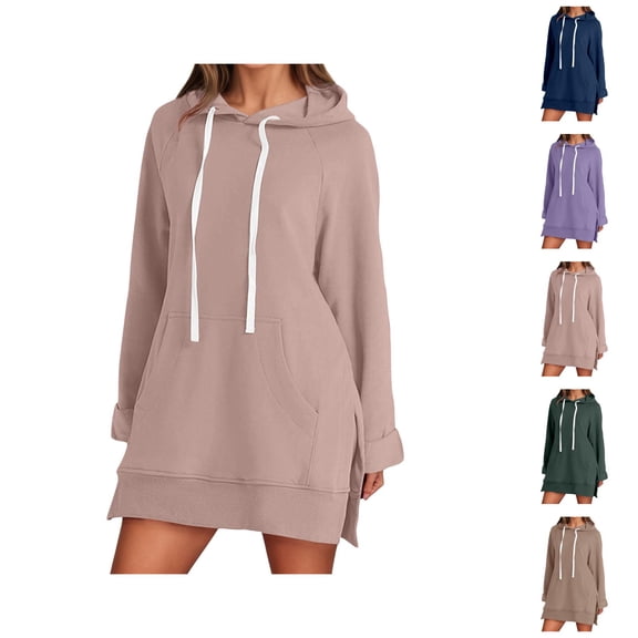 Sweatshirt Dress Women 2026 Fall Winter Fashion Long Sleeve Side Slit Hem Hoodie Dress Pullover Top with Pockets
