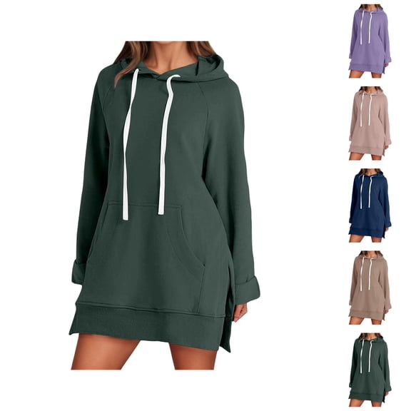 Sweatshirt Dress Women 2026 Fall Winter Trendy Long Sleeve Side Split Hem Hoodie Dresses Pullover Top with Pockets