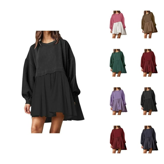 Sweatshirt Dress for Women 2025 Color Block Long Sleeve Crewneck Cute Ruffle Flowy Sweatshirt Skirt Pullover Tops