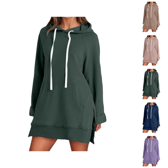Sweatshirt Dress for Women 2026 Fall Winter Casual Long Sleeve Side Split Hem Hoodie Dress with Pockets Pullover Top