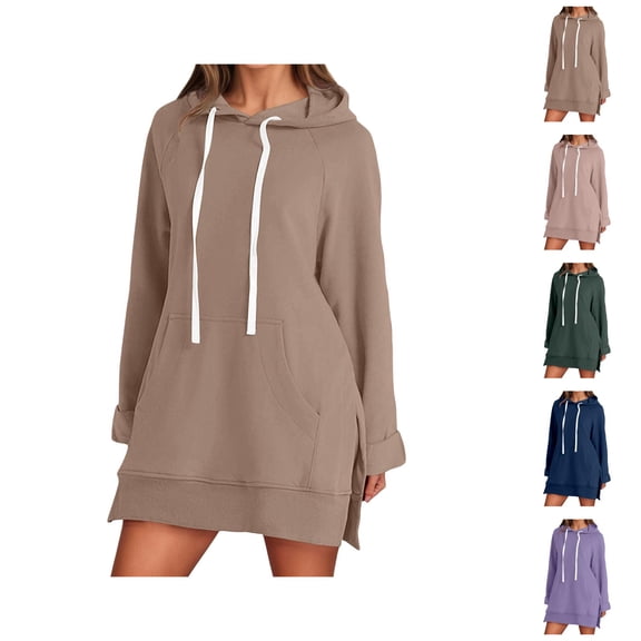 Sweatshirt Dress for Women 2026 Fall Winter Casual Long Sleeve Side Split Hem Hoodie Dress with Pockets Pullover Top