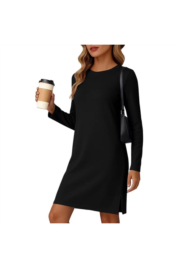 Sweatshirt Dresses for Women Oversized Crewneck Long Sleeve Shift Dresses Trendy Split Hem Midi Dress Womens Casual Solid Round Neck Fall Pullover Tshirt Dress Top Knee Length Dresses