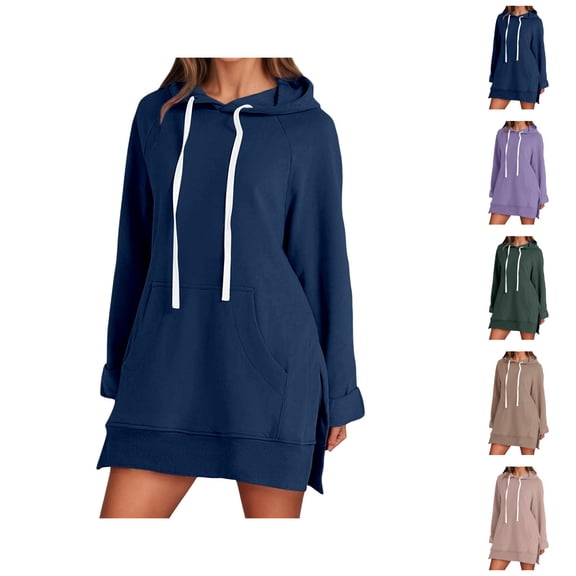 Sweatshirt Dresses for Women 2026 Fall Winter Casual Long Sleeve Side Split Hem Hoodie Dresses Pullover Top with Pockets