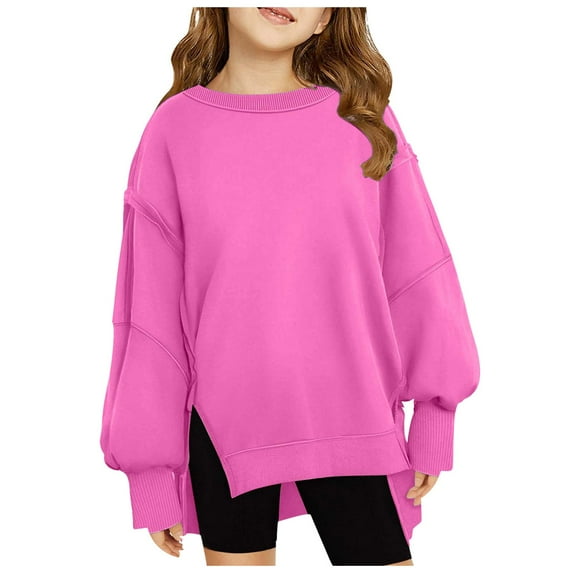 Sweaters For Teens Preppy Shirts Girls Crewneck Sweatshirt Long Sleeve Pullover Tops Drop Shoulder Sweatshirts Side Split Shirts Hot Pink 5-6 Years