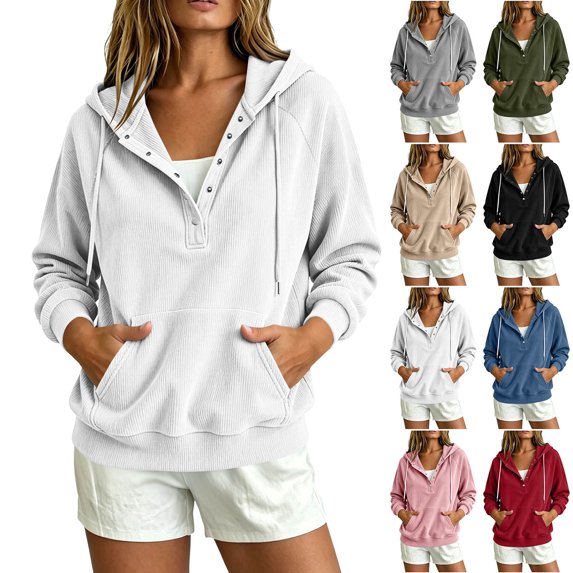 Sweatshirt For Women Corduroy Drawstring Hooded Tops With Snap Button Pullover Lightweight Sweatshirt Casual Athletic Jacket