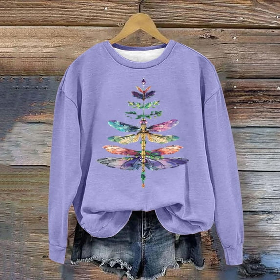 Sweatshirt For Women Fashion Trendy Printed Baggy Loose Fitting Round Neck Long Sleeve Lightweight Sweatshirts Blouse Tops Purple XL