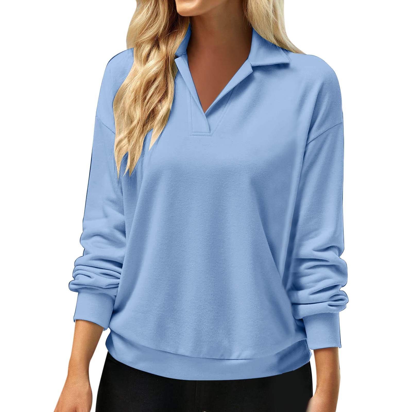 Sweatshirt For Women Ladies Long Sleeve V Neck Shirt Collar Top Solid ...