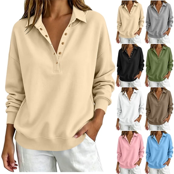 Sweatshirt For Women Loose Fit Half Button Long Sleeve Casual Pullover Tops, Solid Color Pocket Sweatshirt Blouse for Spring Fall Winter