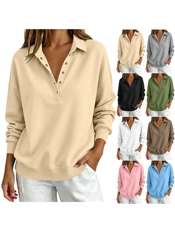 Sweatshirt For Women Loose Fit Half Button Long Sleeve Casual Pullover Tops, Solid Color Pocket Sweatshirt Blouse for Spring Fall Winter